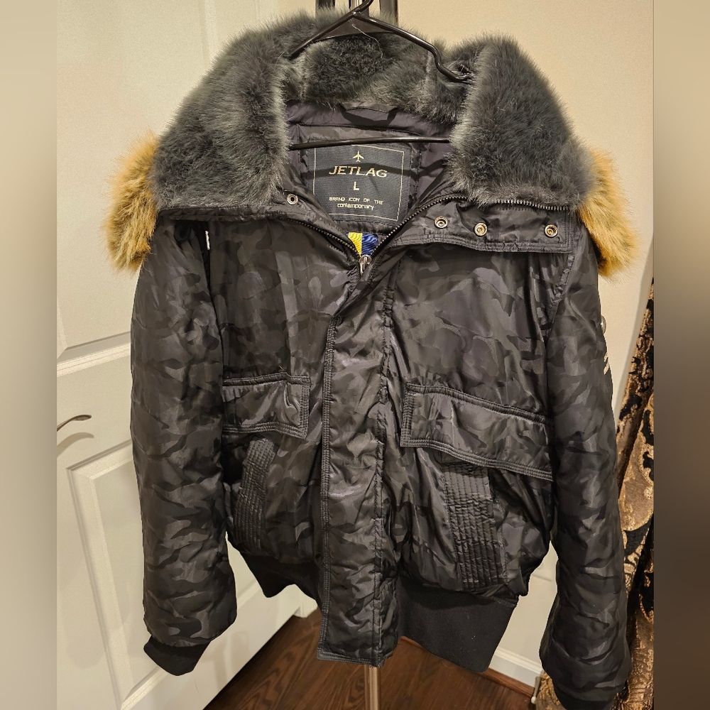 Jet Lag Jacket Mens Large Camo Full Zip Military Bomber Coat Artificial Fur